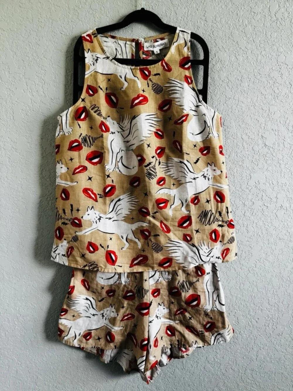 NWT Las Surenas Wolf Kisses Linen Top + Shorts Set sz S - Picture 4 of 7